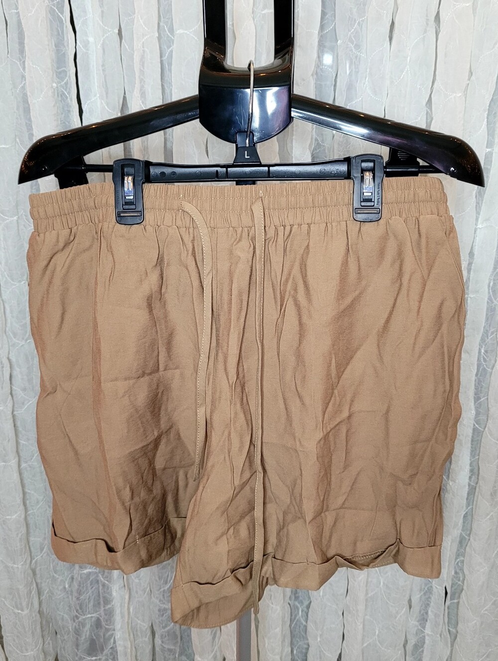 Shein Plus Size 1XL Tan High Rise Elastic Drawstring Cuffed Shorts